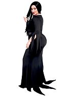 Morticia from The Addams Family, costume dress, high slit, belt, tattered sleeves, plus size